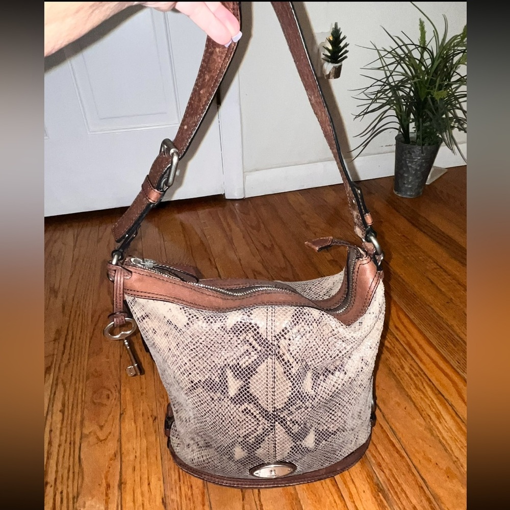 Fossil: Women’s Leather Snake Print Brown Bag / Handbags